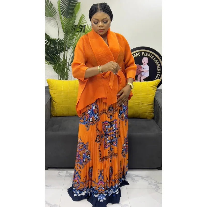 One Size Pleated Elegant Party 2 Piece Set Women Belt Batwing Sleeves Tops A-line Print Folds Long Skirt Fashion New Sets