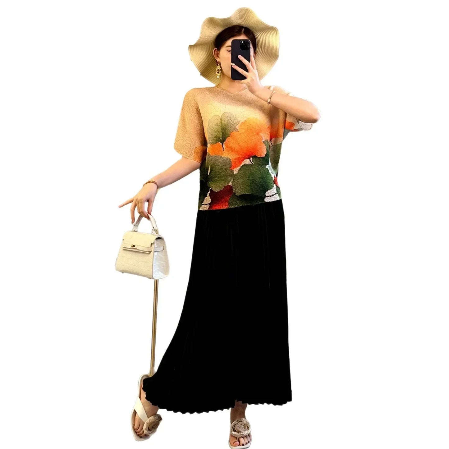 Pleated Top Women Round Neck Short Sleeve Dress