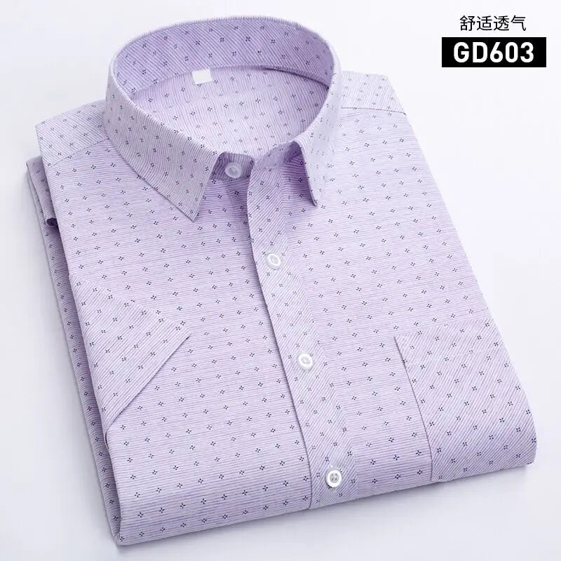 Men's Short-Sleeved White Dress Shirts Classic Plaid Stripes Cotton Slim Business Casual