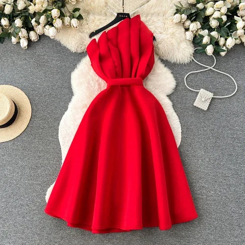 Chic One Shoulder Pleated Sleeveless Solid A-line Dress High Waist Evening Party Strapless Dress Women Summer