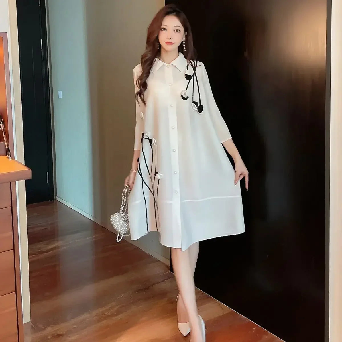 Pleated Dress Dress Lapel Print Loose  Cardigan