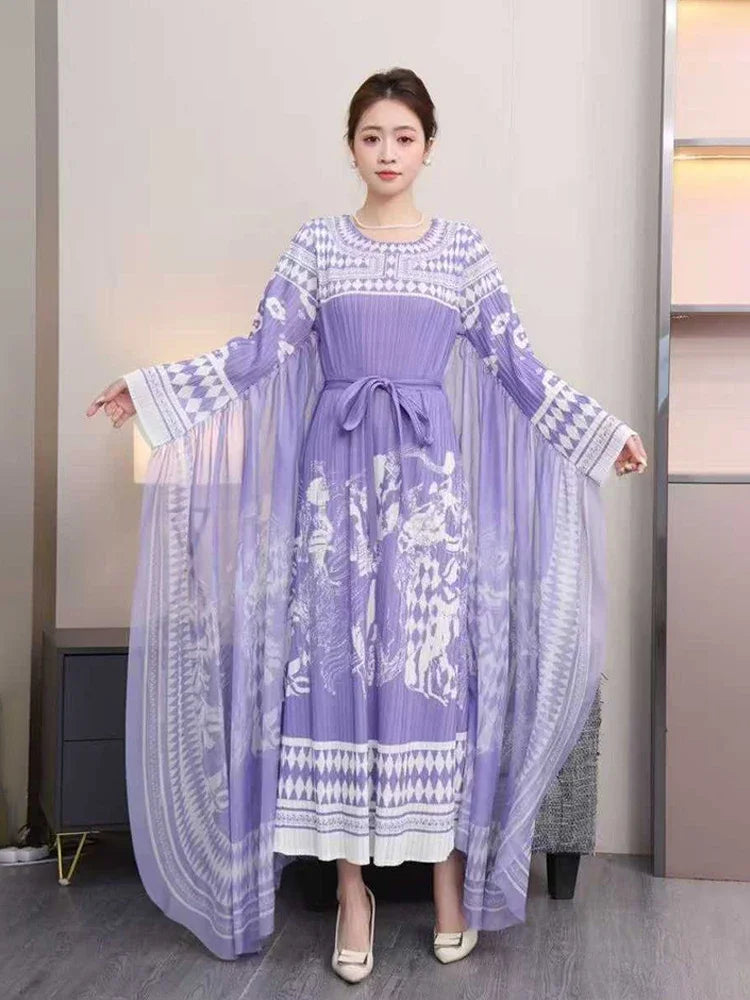 Pleated Maxi Dress 2025 Summer New Elegant Round Neck Long Sleeve Fashion Printed Lace Long Dresses for Women