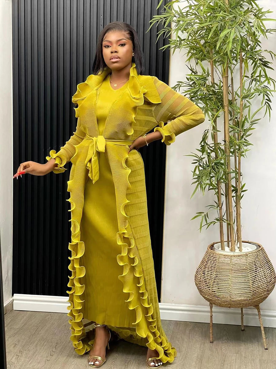Pleated Set Solid Flounced Full Sleeved Evening Party Two Piece Sets Women