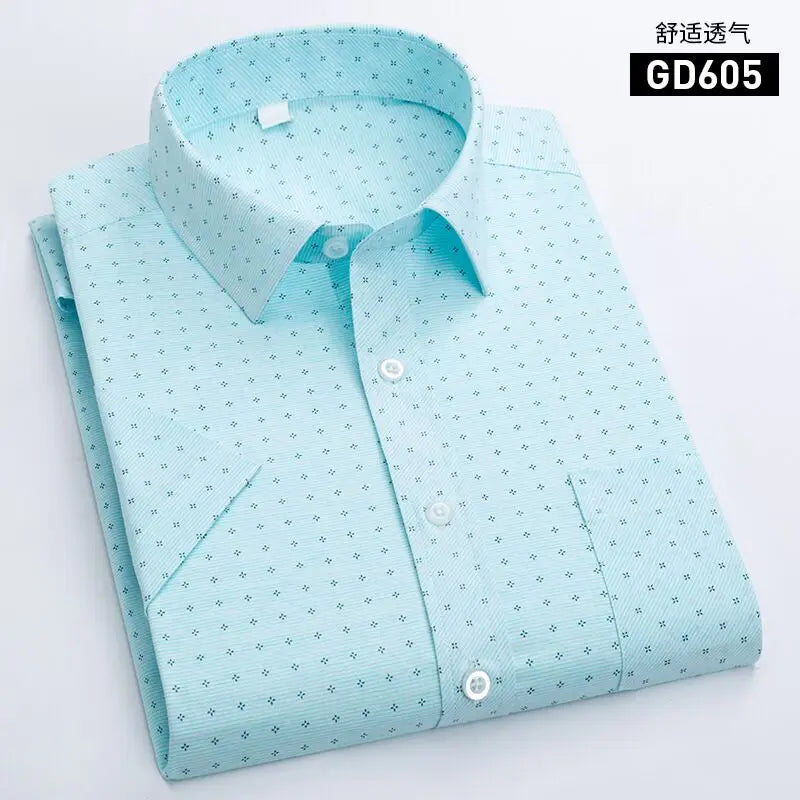Men's Short-Sleeved White Dress Shirts Classic Plaid Stripes Cotton Slim Business Casual