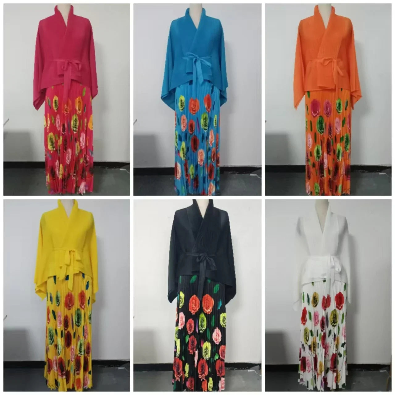 Pleated Ladies Long-sleeved Lace-up Solid Color Top Printed Swing Skirt Two-piece Set Women
