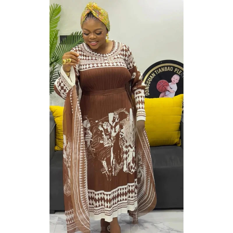 Pleated Maxi Dress 2025 Summer New Elegant Round Neck Long Sleeve Fashion Printed Lace Long Dresses for Women
