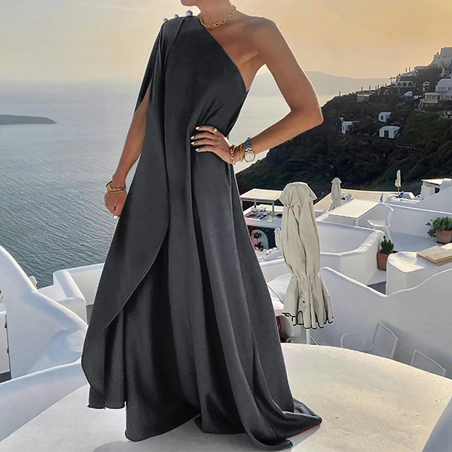 One Shoulder Swing Dresses Elegant Ladies Wedding Party Sleeveless Maxi Dress