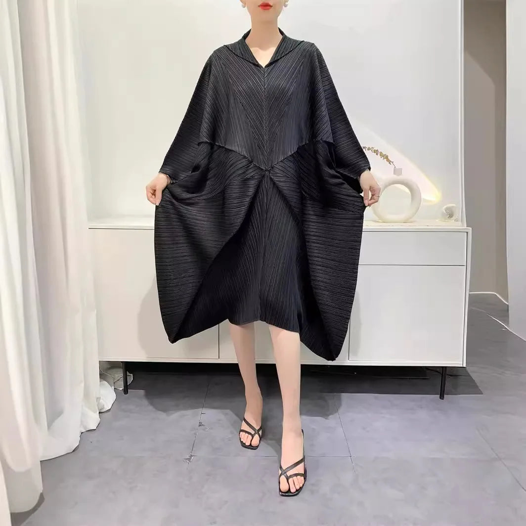 Pleated Dress Women's Bat wings loose  Splicing Solid Color Mid-length Skirt