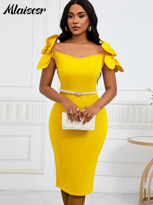 Off the Shoulder Petal Sleeve Mid Dresses with Sashes Woman Clothing