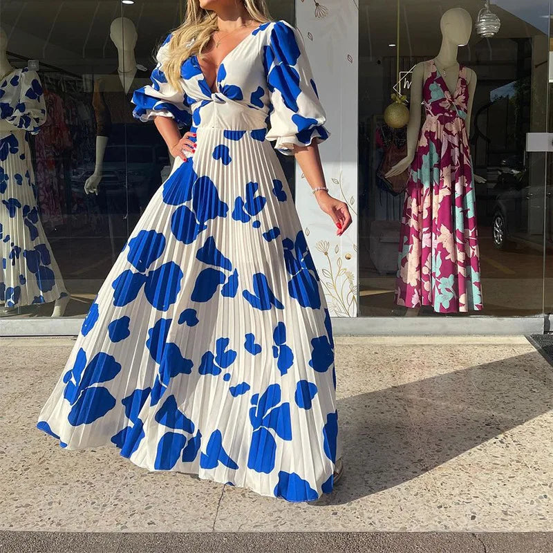 Summer New Women's Fashion V-Neck Medium Sleeve Medium And Long Printed Dress
