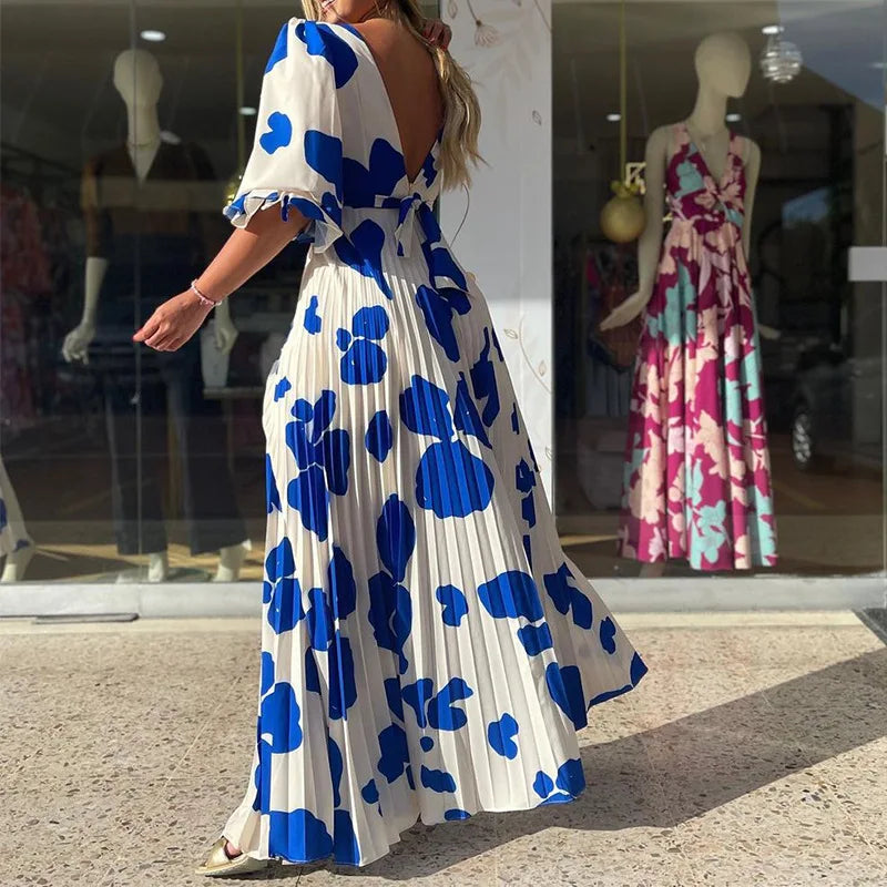 Summer New Women's Fashion V-Neck Medium Sleeve Medium And Long Printed Dress