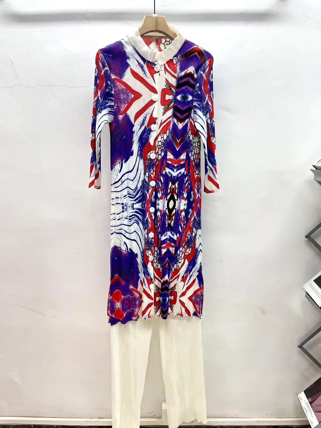 Miyake Pleated Printed Cardigan Stand-up Collar Long Top + High-waisted Versatile Straight-leg Pants 2-piece Set