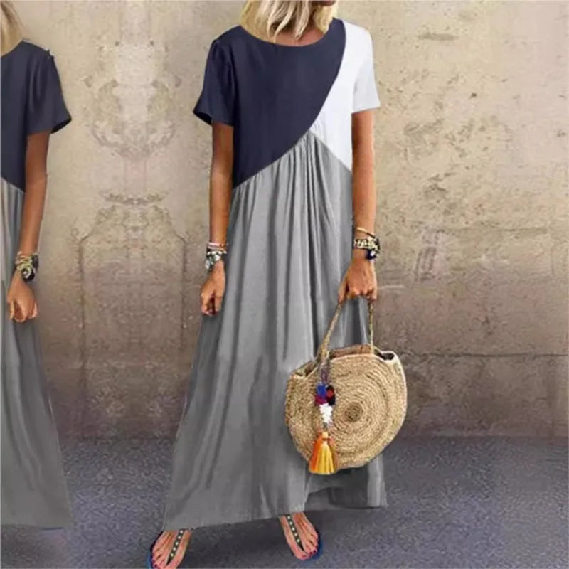 Spring And Summer Women's  Splicing Dress Casual Short Sleeved Round Neck Beach Long Dress