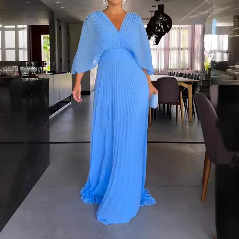 Women's Casual 3/4 Sleeved Dresses Summer Hollow Backless Pleated Long Dress Elegant V-neck High Waist Evening Dress