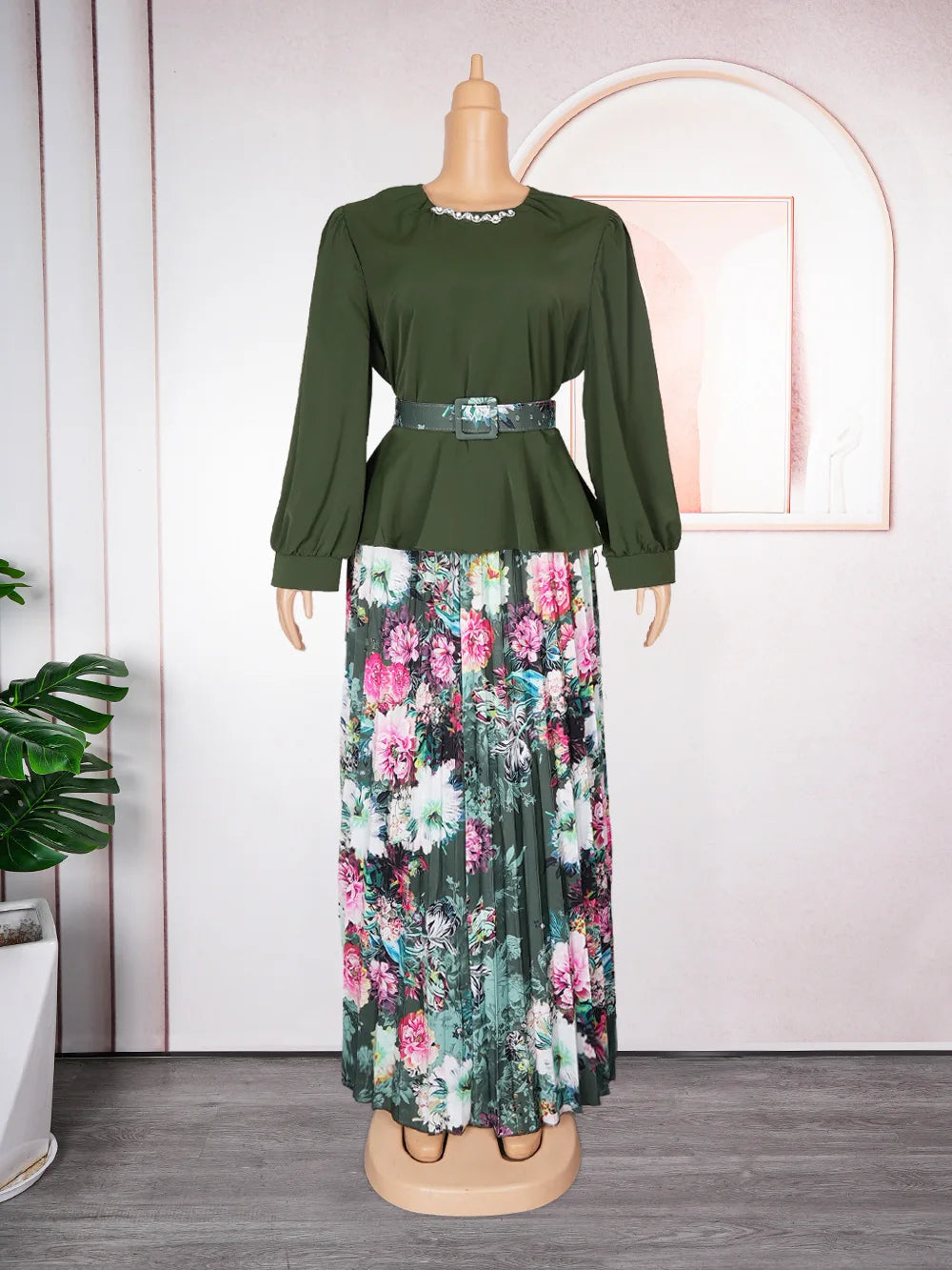 Elegant Fashion Printed Dresses Full Sleeve Belt Luxury Birthday Party Dinner