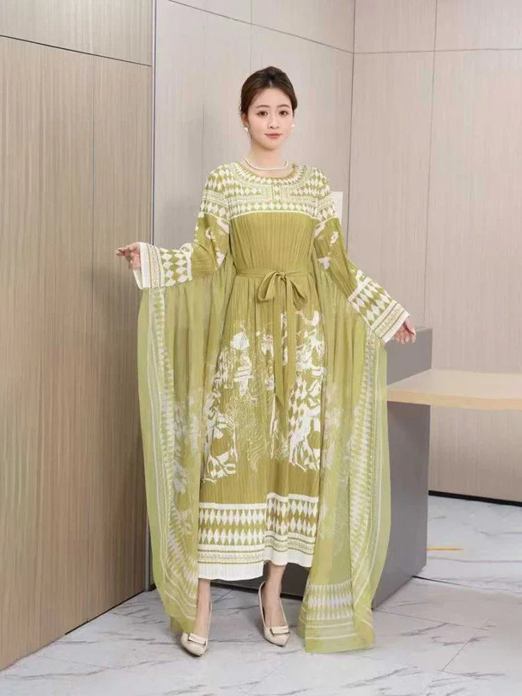 Pleated Maxi Dress 2025 Summer New Elegant Round Neck Long Sleeve Fashion Printed Lace Long Dresses for Women
