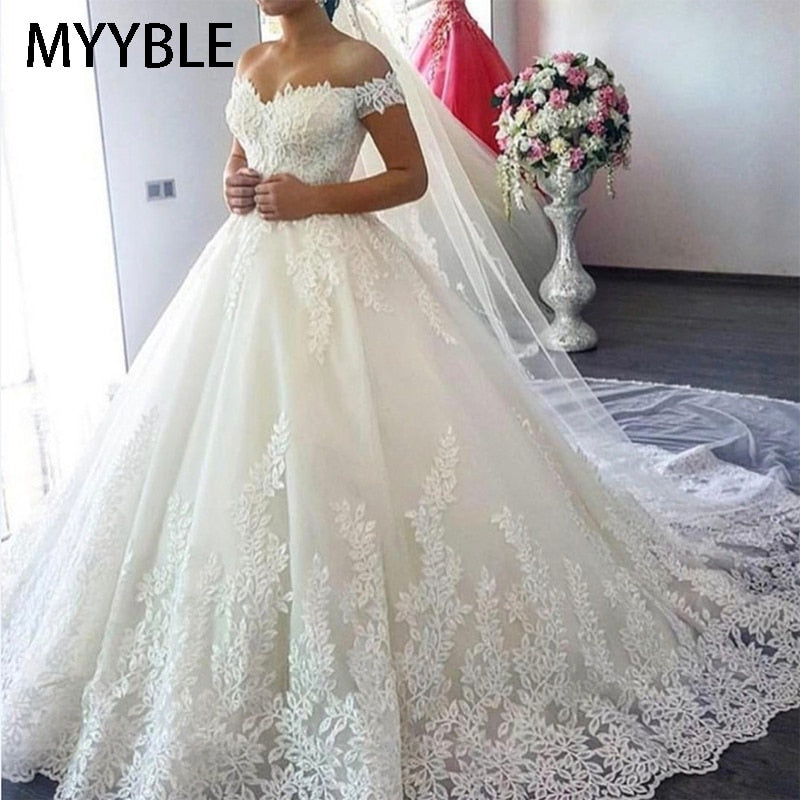White Off the Shoulder Plus Size Vestido De Noiva 2022 Wedding Dress Train Custom Made Plus Size Bridal Tulle Mariage