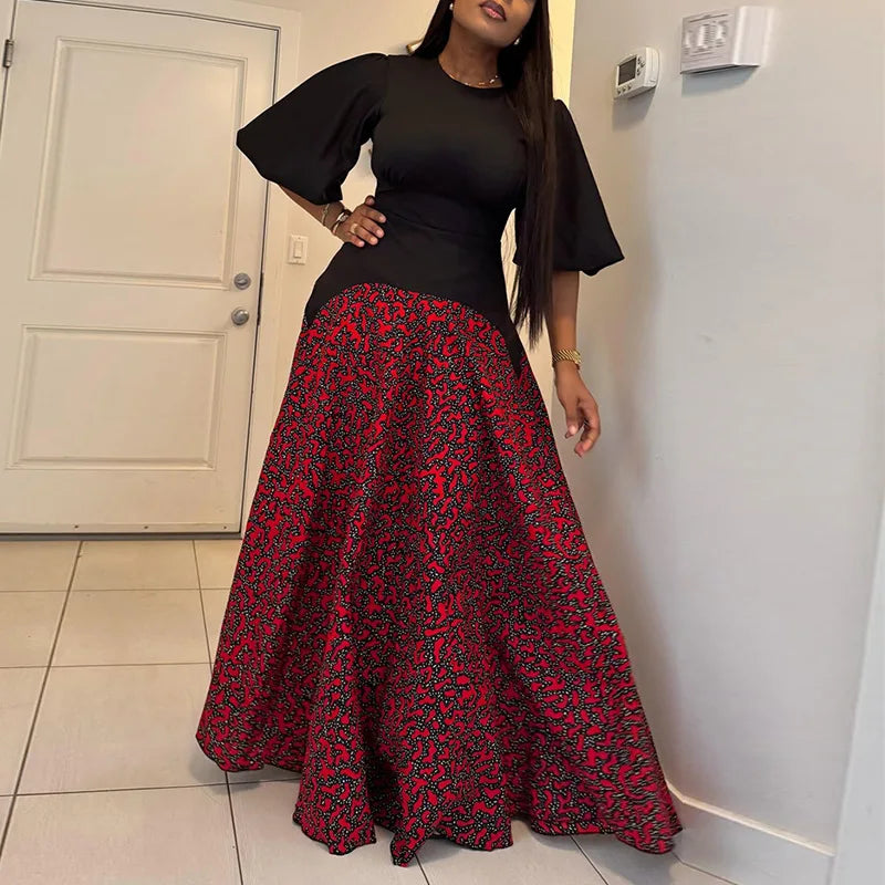 Printed Patchwork Dresses Lantern Sleeves High Waist A Line Maxi