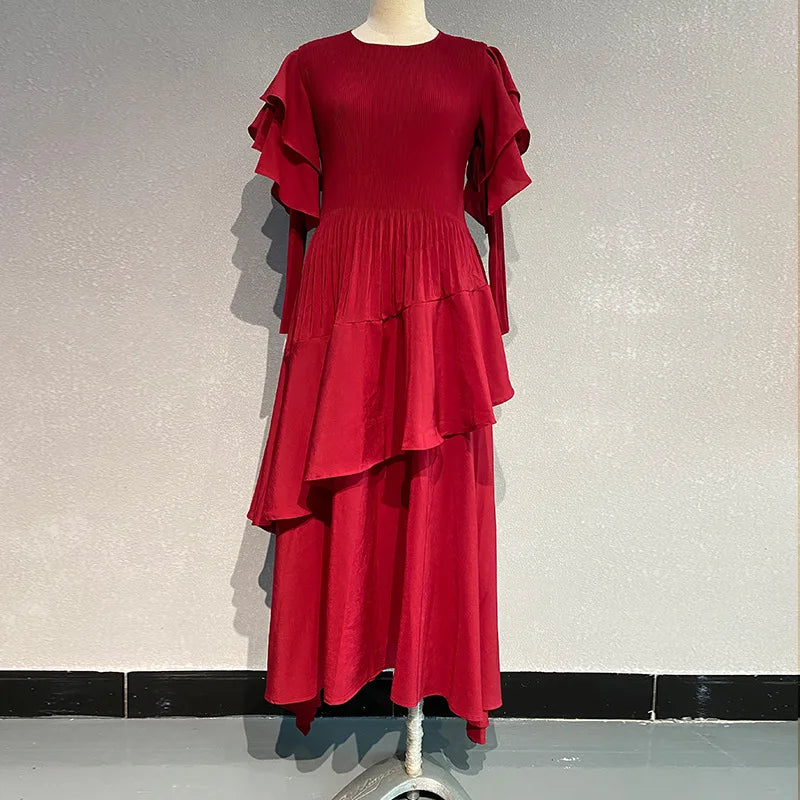 Fashion Pleated Long Dress Long Sleeve Pleated Dresses