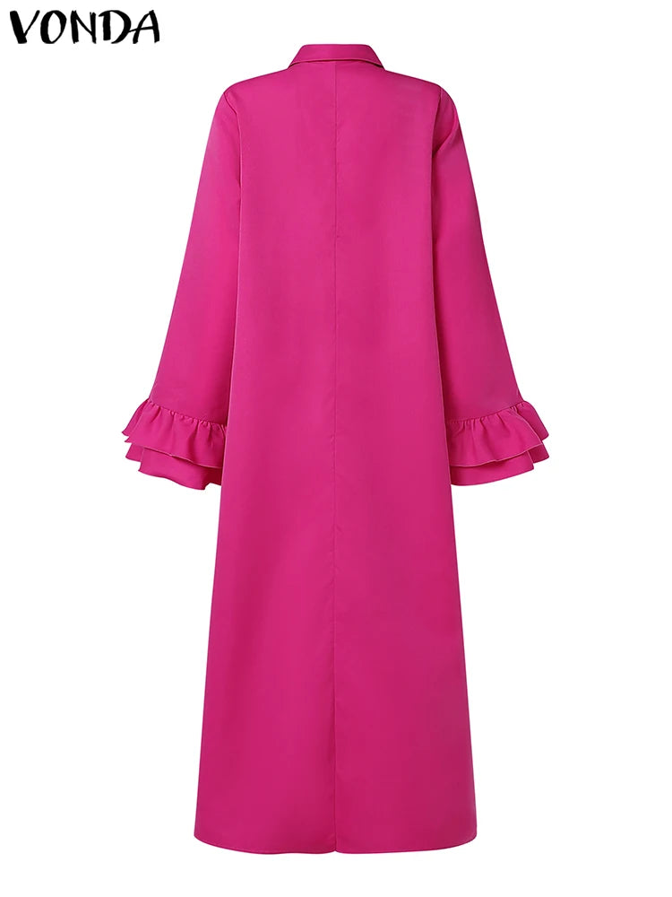 Women Elegant Shirt Dress Ruffle Pleated Maxi Long Dress Casual Loose Denicy