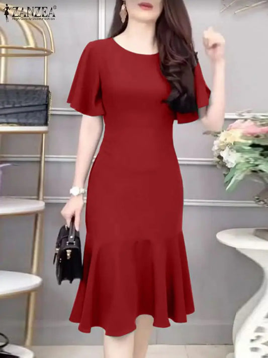 Elegant Women's Mermaid Dresses Short Sleeve O-Neck Ruffled Hem Fitted Partywear