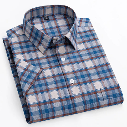 cotton oxford short sleeve shirts men slim fit formal shirt soft plaid office