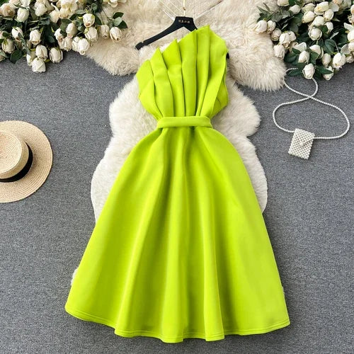 Chic One Shoulder Pleated Sleeveless Solid A-line Dress High Waist Evening Party Strapless Dress Women Summer