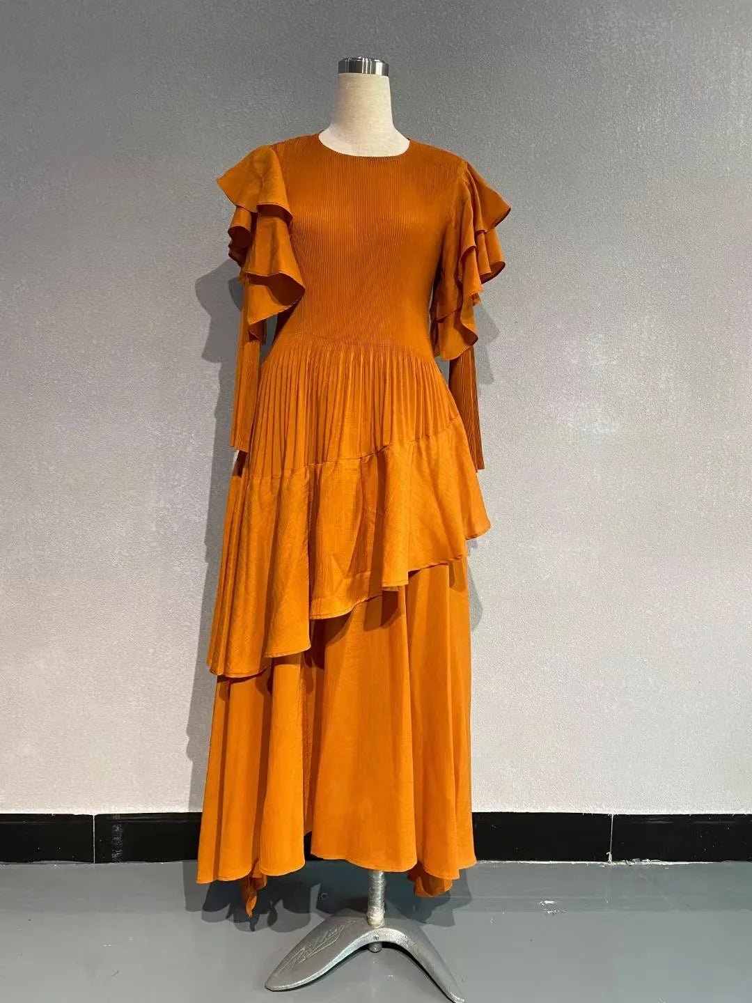 Ruffled Long Dress Long Sleeved Pleated Dress Elegant