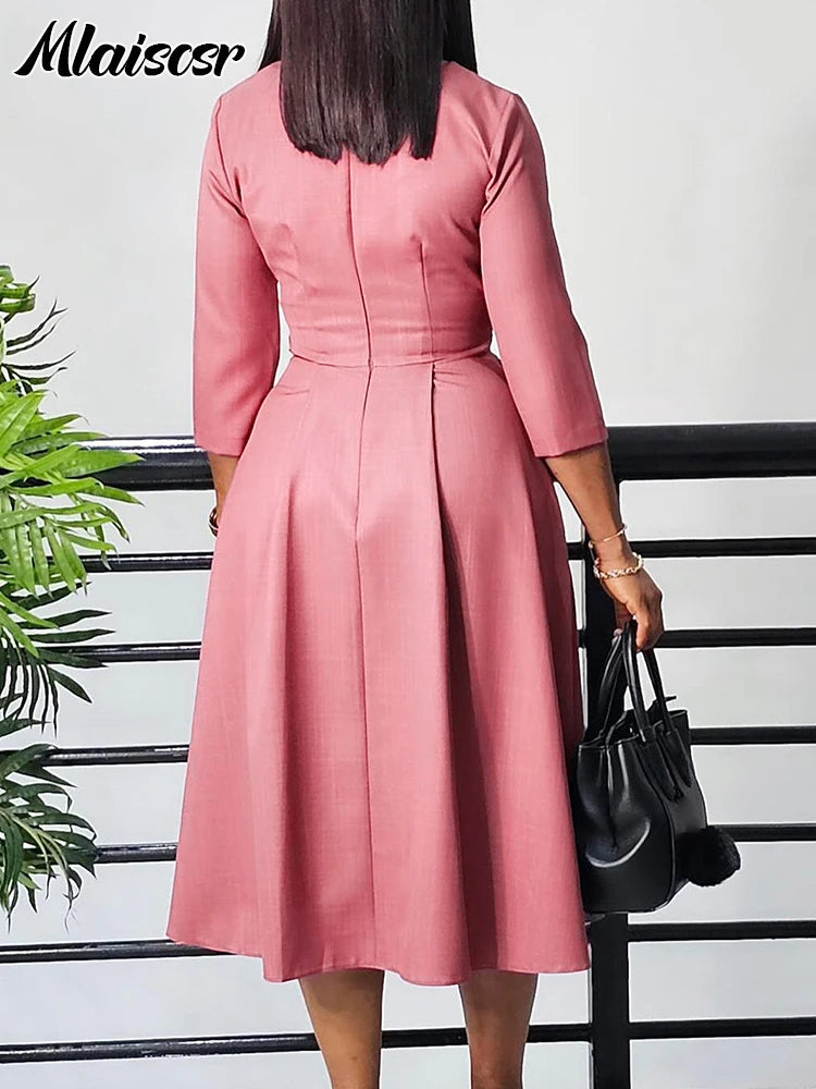 Elegant Pink A-line Dresses Women V-neck 3/4 Sleeve Pleat