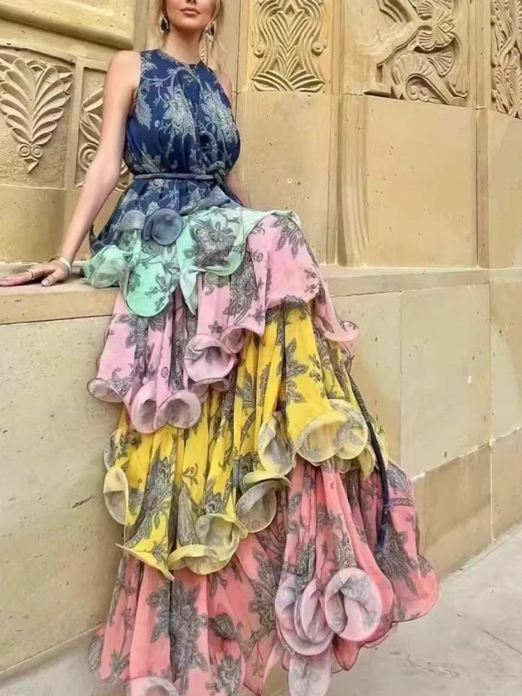 Women's Sleeveless Tie-Waist Ruffle Tiered Midi Dress Party Vacation Dress
