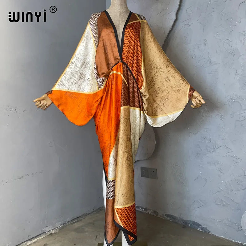Retro Printed Party Long Dress Women Elegant kaftan Deep V Neck long Sleeve Dress