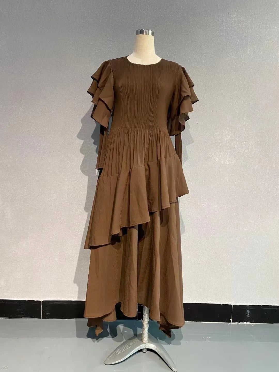 Ruffled Long Dress Long Sleeved Pleated Dress Elegant