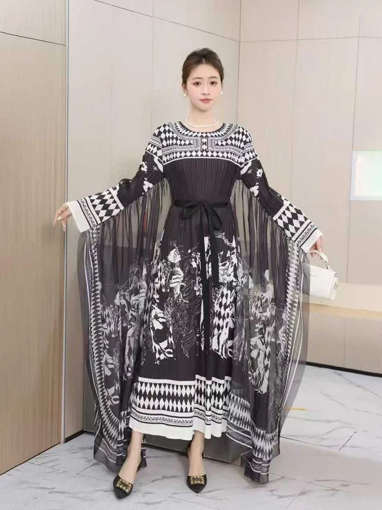 Pleated Maxi Dress 2025 Summer New Elegant Round Neck Long Sleeve Fashion Printed Lace Long Dresses for Women