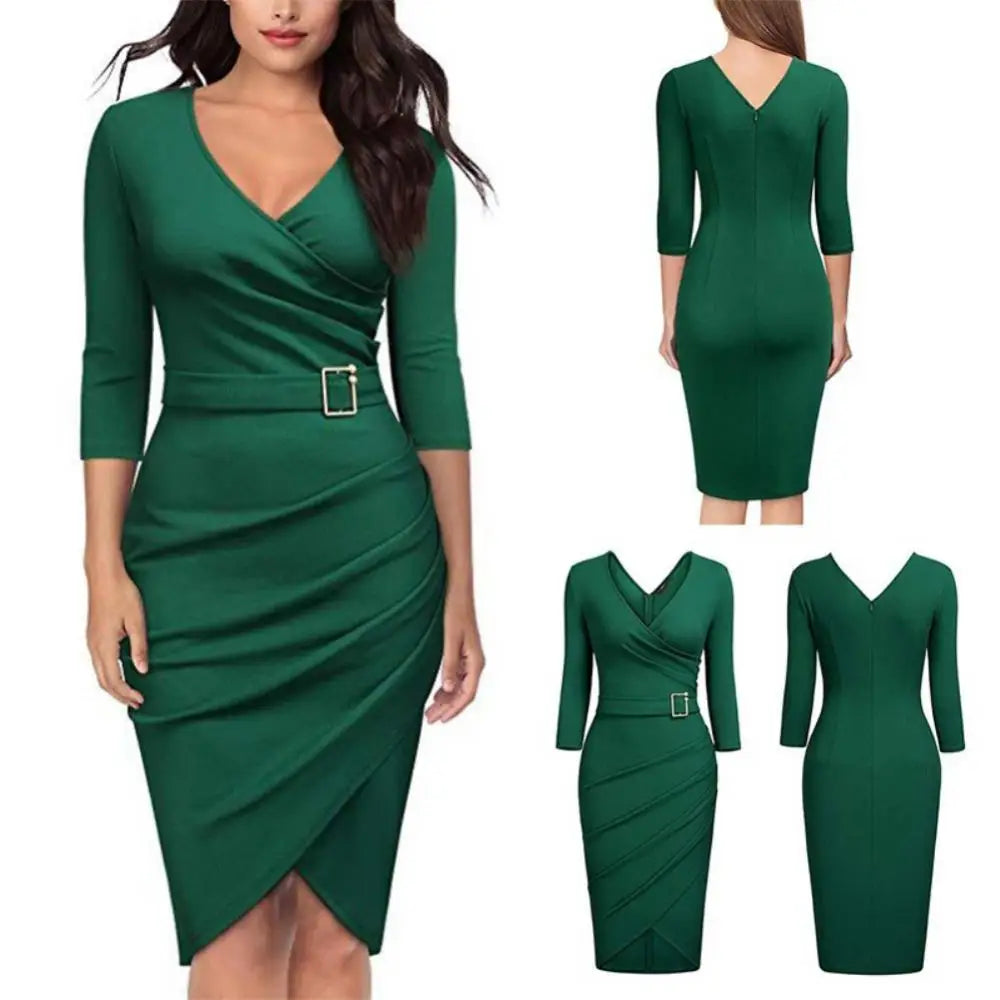 Women V Neck 3/4 Sleeve High Waist Belted Irregular Pencil Dress