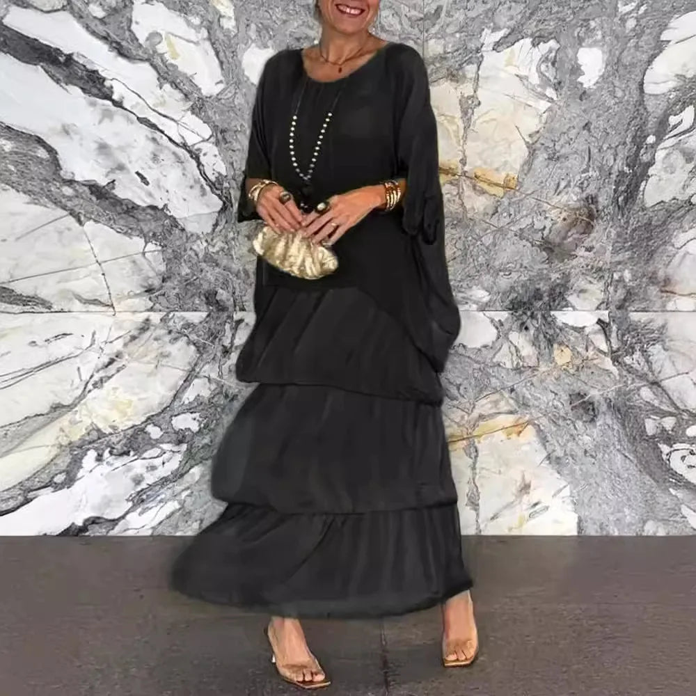 Women's Elegant Long Dress Fashion Round Neck Bat Sleeves Plus Size