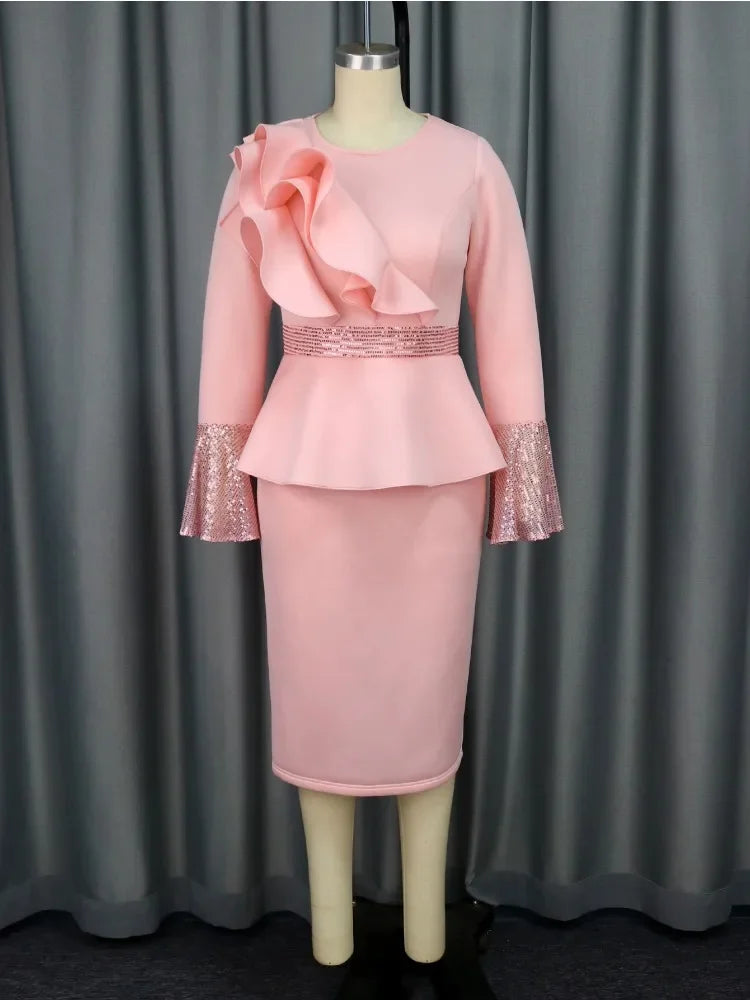 Church Dresses Women Elegant Ruffles Long Flare Sleeves Sequined Party Bodycon Peplum Classy Wedding Guest