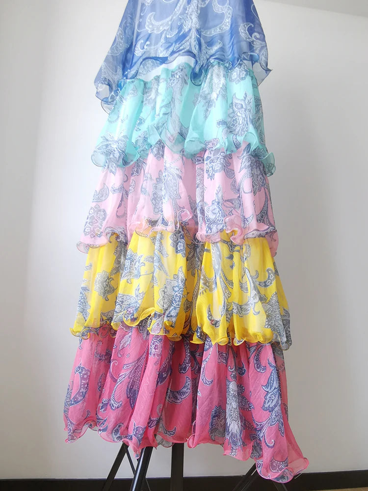 Women's Sleeveless Tie-Waist Ruffle Tiered Midi Dress Party Vacation Dress