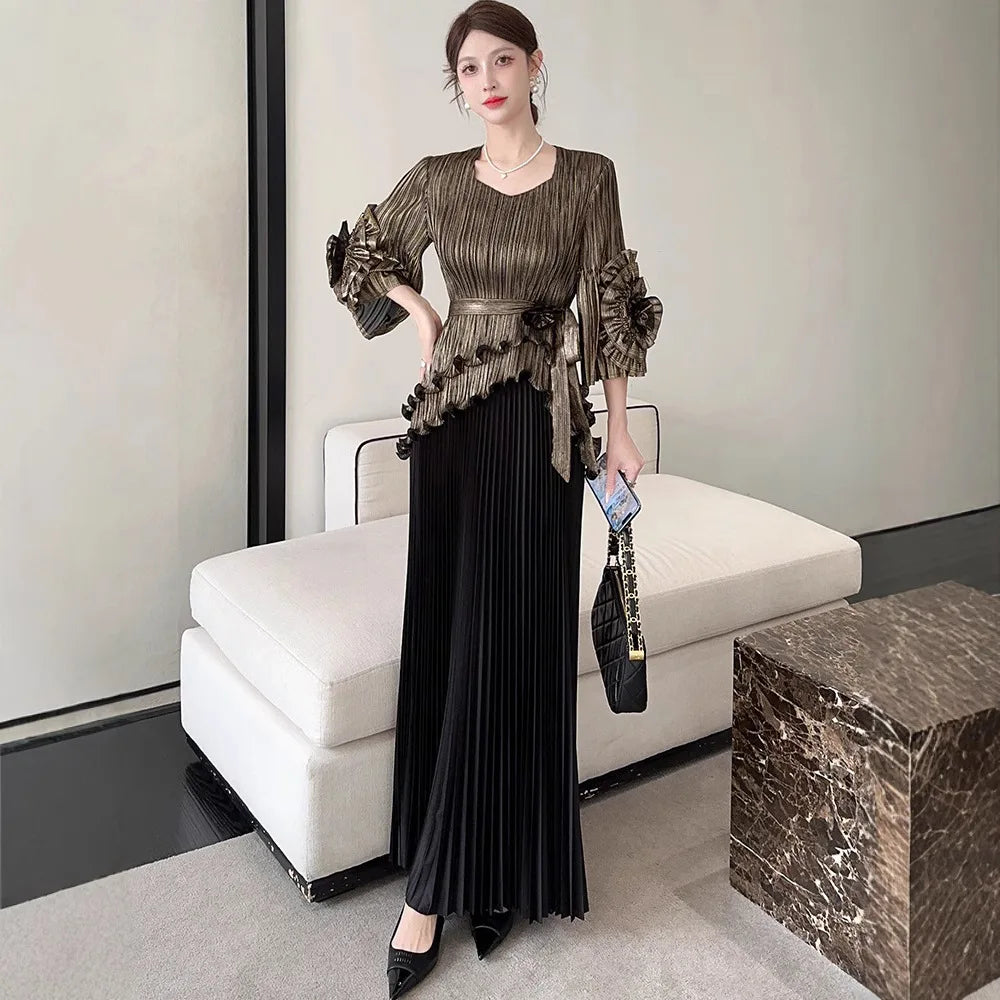 Free Size Pleated Women's Suit Irregular Top + High Waist Long Half Skirt Two-piece Set