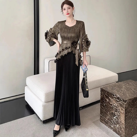 Free Size Pleated Women's Suit Irregular Top + High Waist Long Half Skirt Two-piece Set