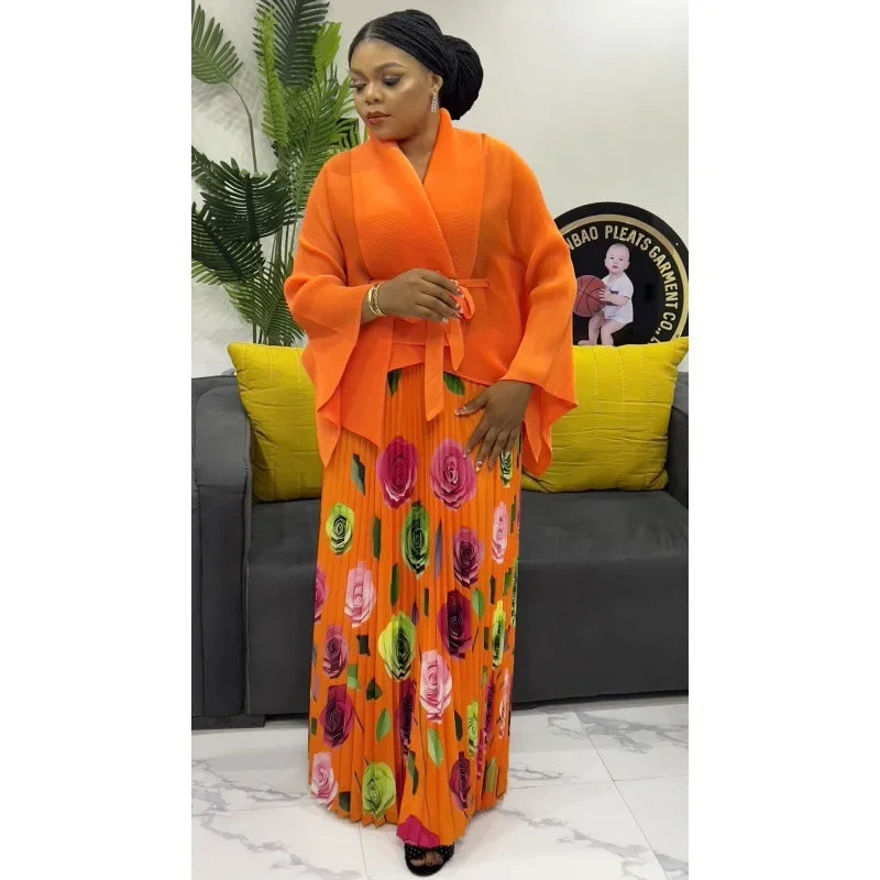 Pleated Ladies Long-sleeved Lace-up Solid Color Top Printed Swing Skirt Two-piece Set Women