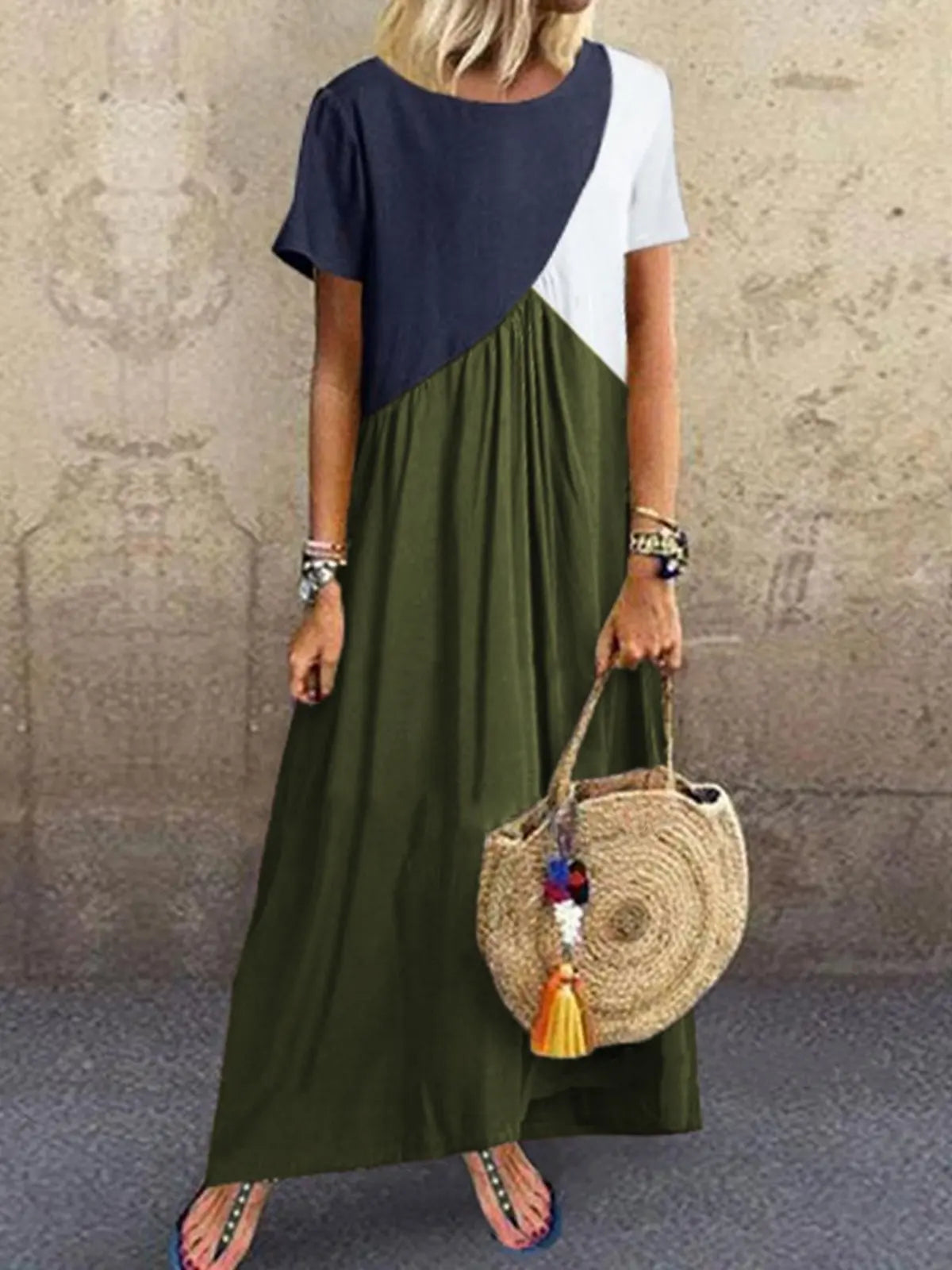 Spring And Summer Women's  Splicing Dress Casual Short Sleeved Round Neck Beach Long Dress