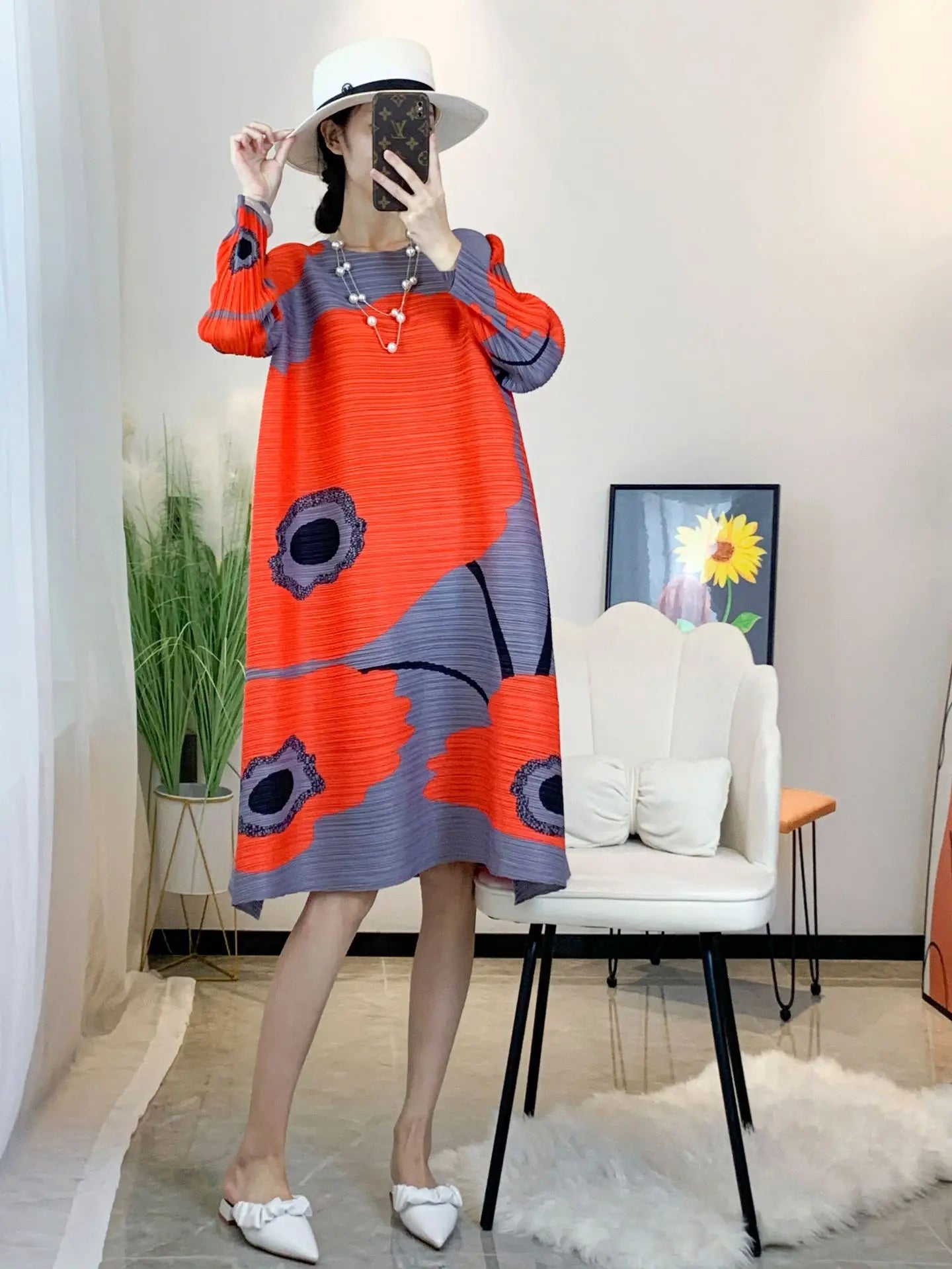 Pleated Loose Women's Dress Casual Mid Length Free Size Dress