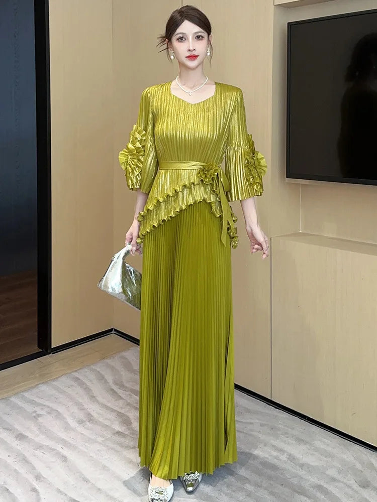 Free Size Pleated Women's Suit Irregular Top + High Waist Long Half Skirt Two-piece Set