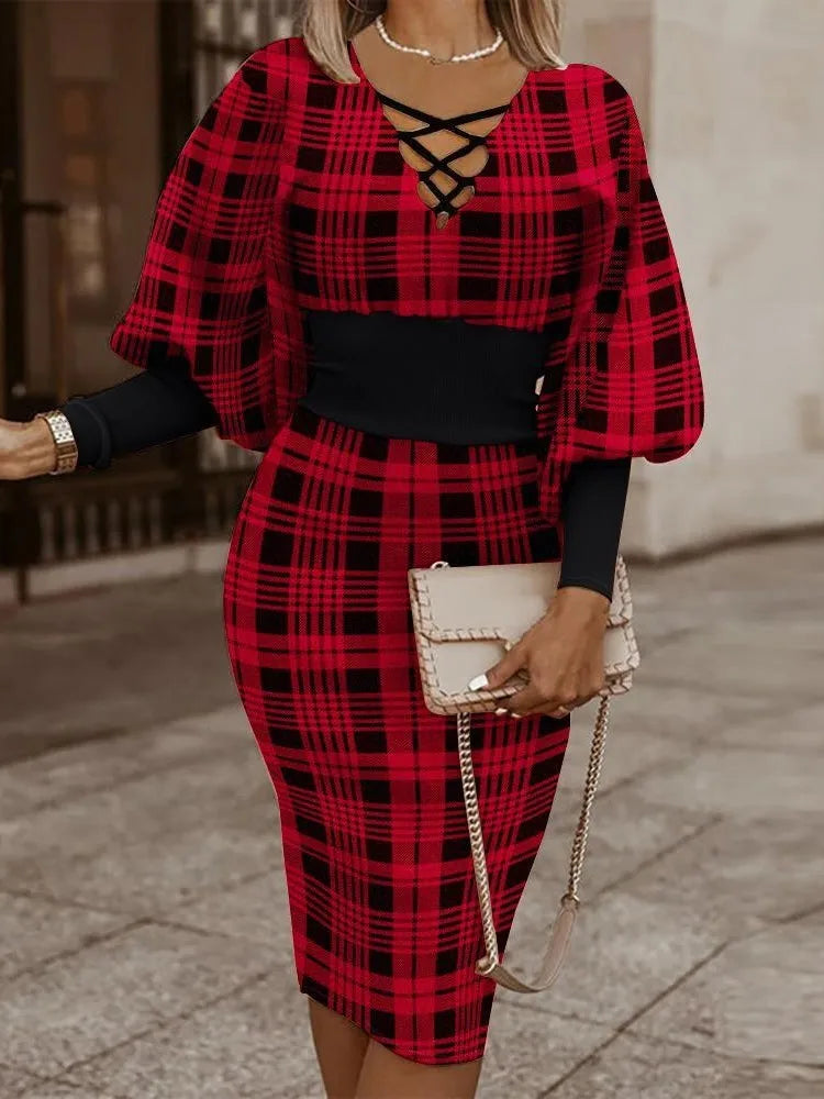 Elegant Long-sleeved V-neck Waist Dress  Winter Slim Vintage Dresses