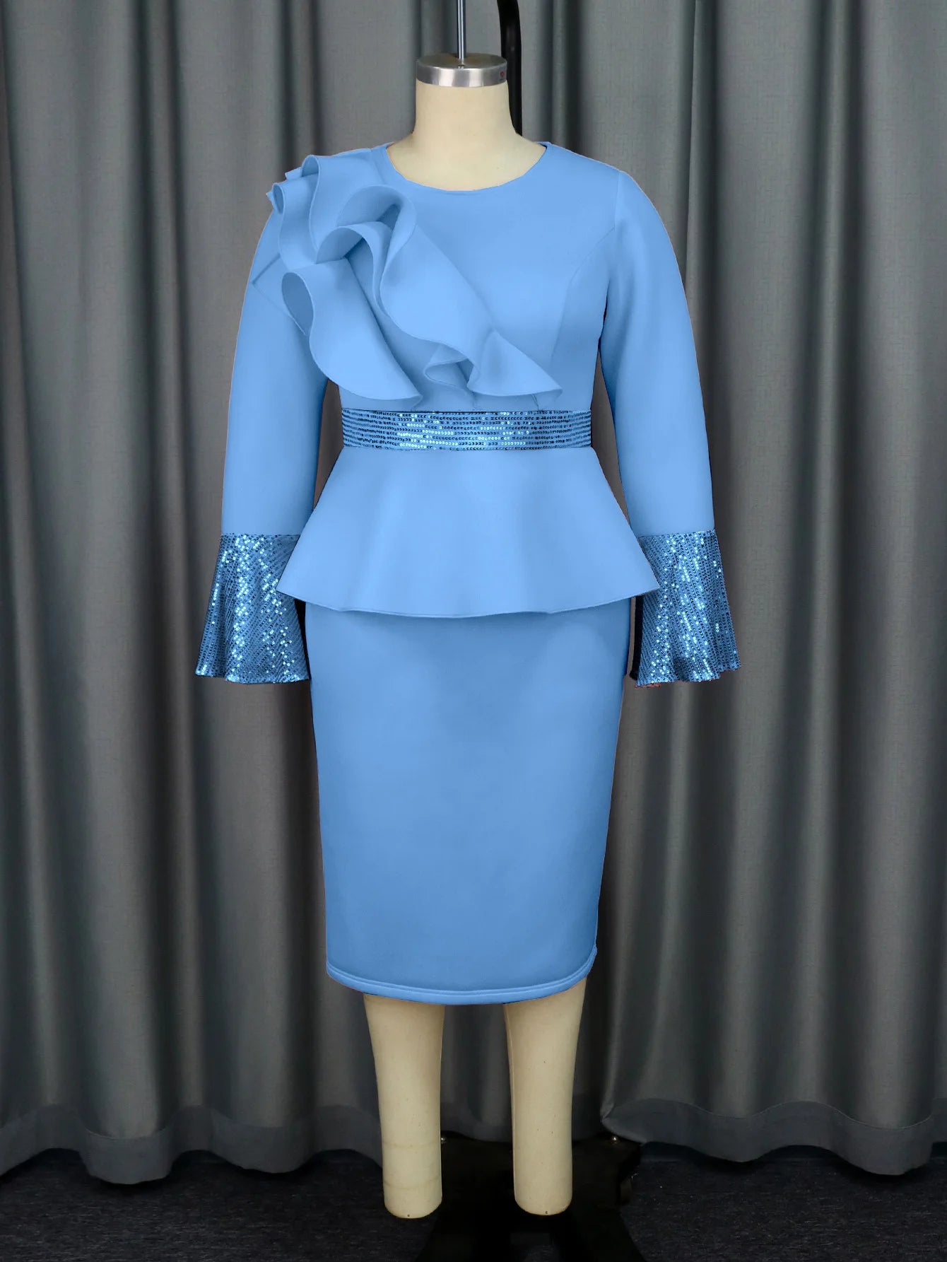 Church Dresses Women Elegant Ruffles Long Flare Sleeves Sequined Party Bodycon Peplum Classy Wedding Guest