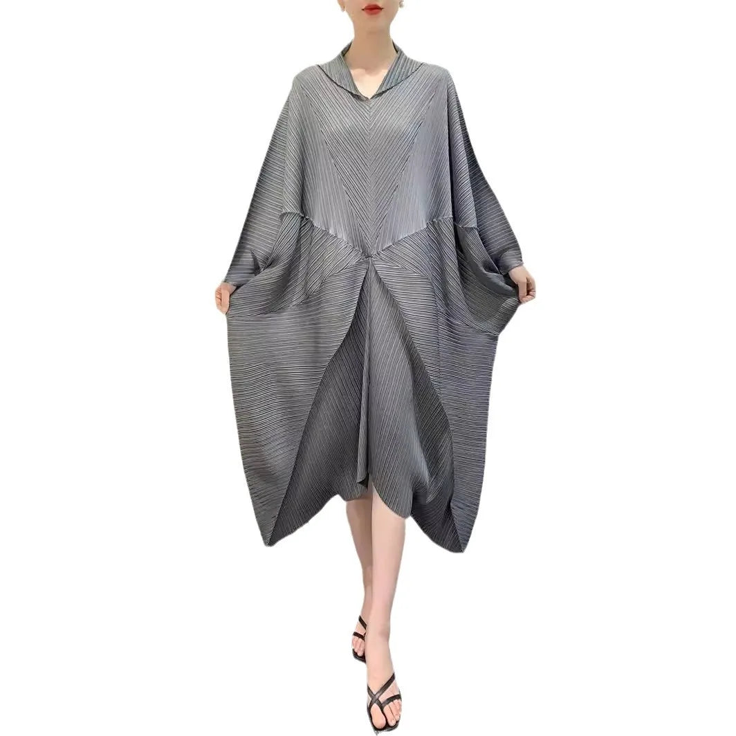 Pleated Dress Women's Bat wings loose  Splicing Solid Color Mid-length Skirt