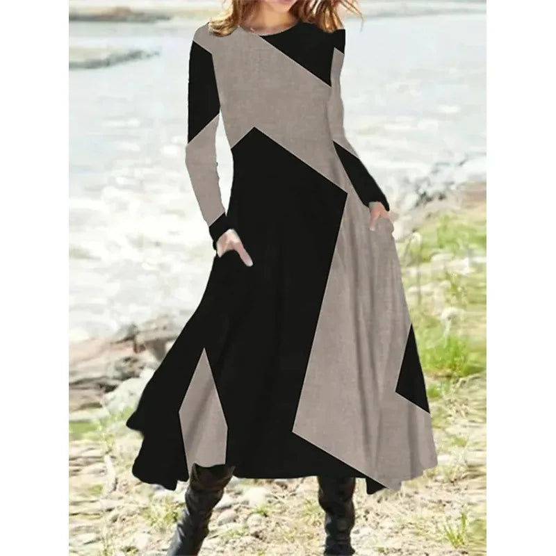 Autumn And Winter Women's Long Sleeve Swing Long Dress Retro Geometric Print Round Neck