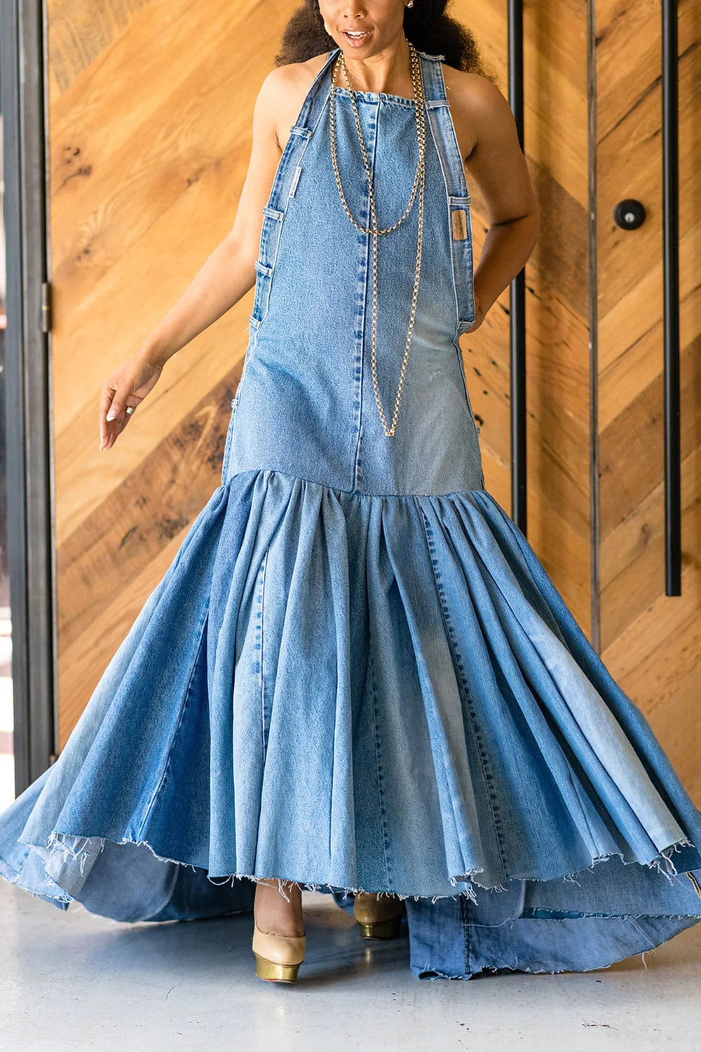 Plus Size Blue Denim Ruffles Halter Mermaid Maxi Dress Women Long Dress
