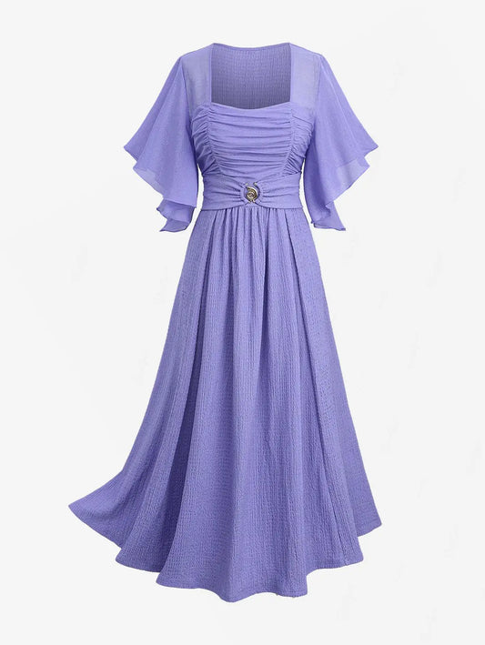 Ruched Buckle Butterfly Sleeves Dress  Light Purple Women Casual Dresses