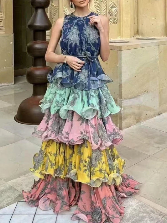 Women's Sleeveless Tie-Waist Ruffle Tiered Midi Dress Party Vacation Dress